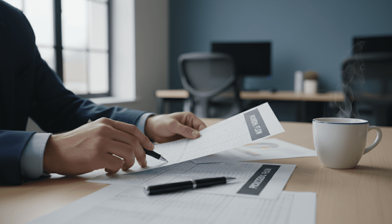 Consultant reviewing financial documents on a desk