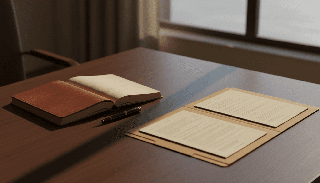 Organised desk with leather notebook and pen in a professional Adelaide office