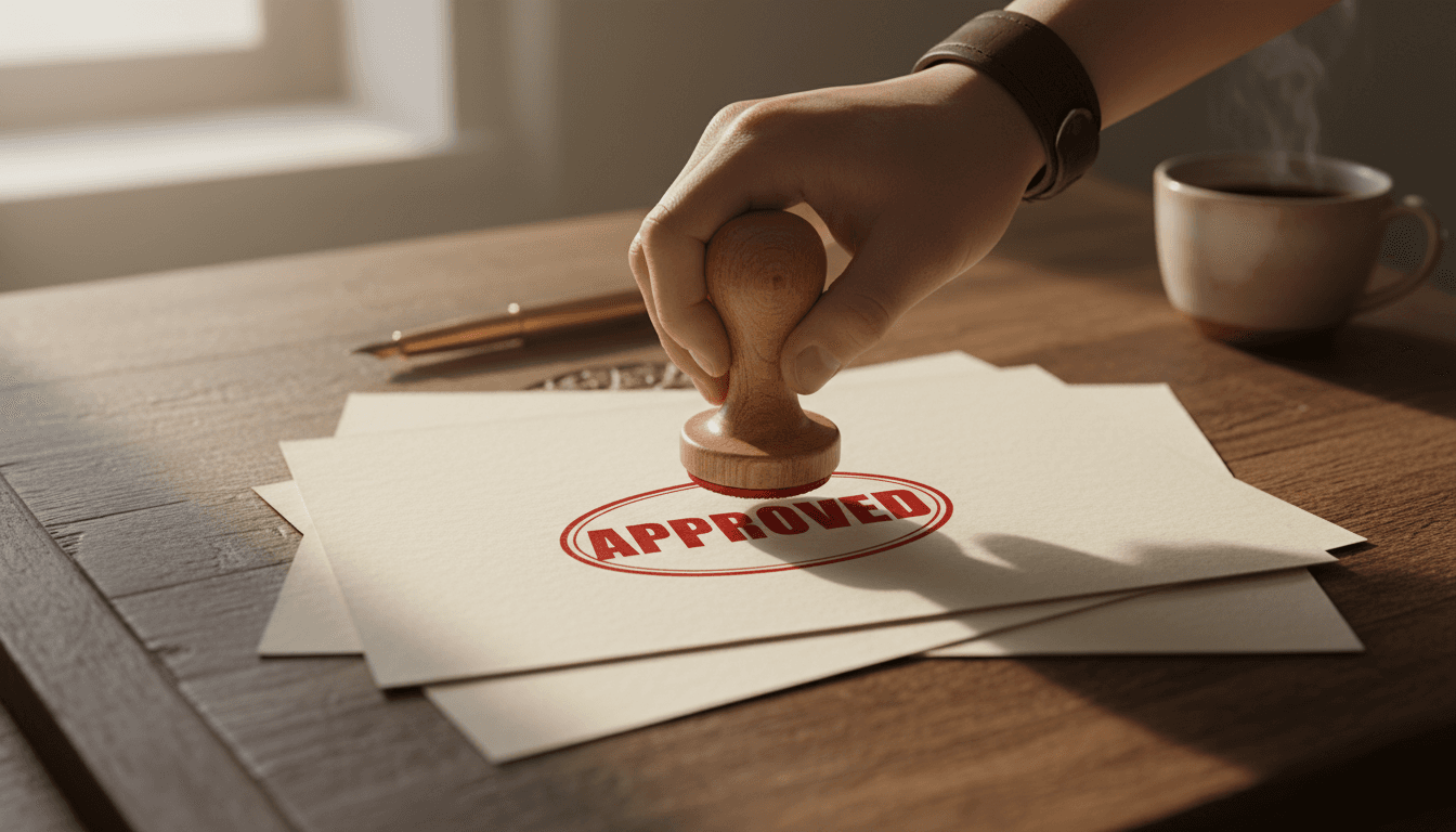 Hand stamping an approved document with red ink