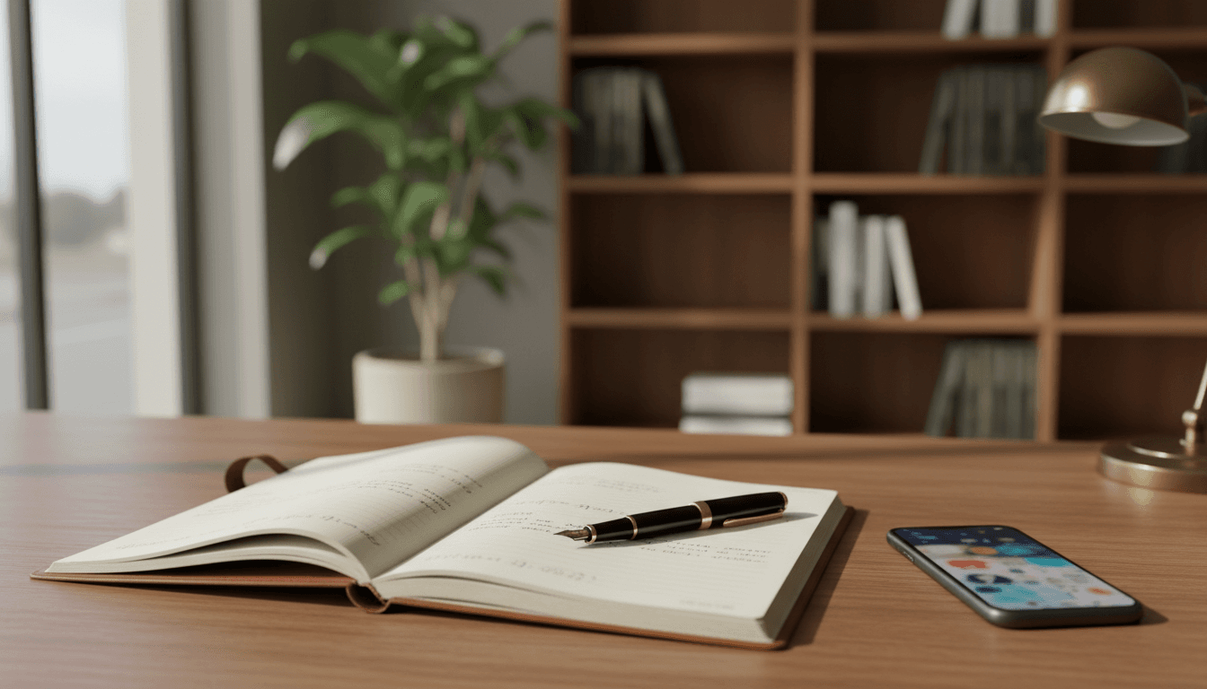Consultant's desk with notebook and pen, natural light from window.