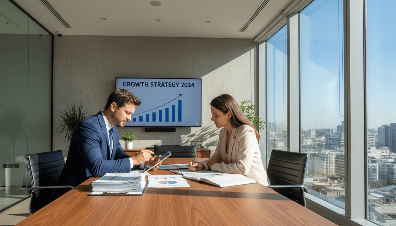 Professional consultant reviewing financial documents with client in modern office