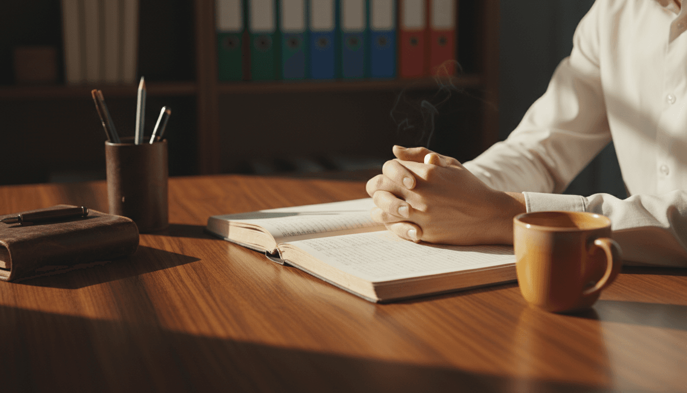 Hands resting on a wooden desk alongside an open ledger and a coffee cup in warm morning light