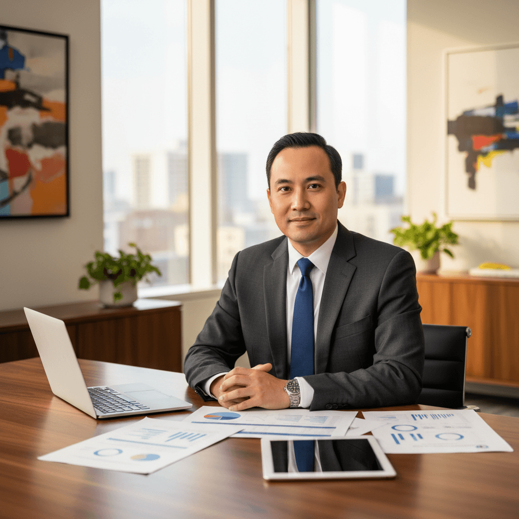 James Tran, Managing Director, seated at a desk in a modern office with natural lighting.