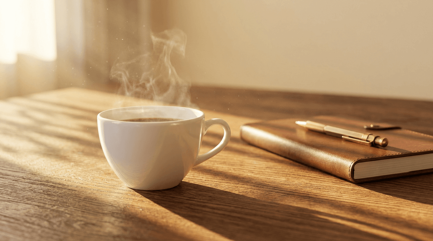 Hand holding a coffee cup near a computer screen