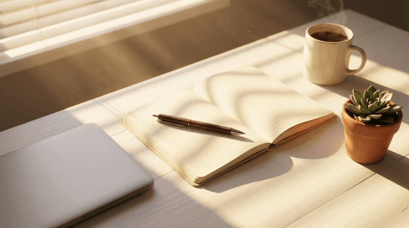 Consultant's desk with documents and a pen in sunlit Adelaide office