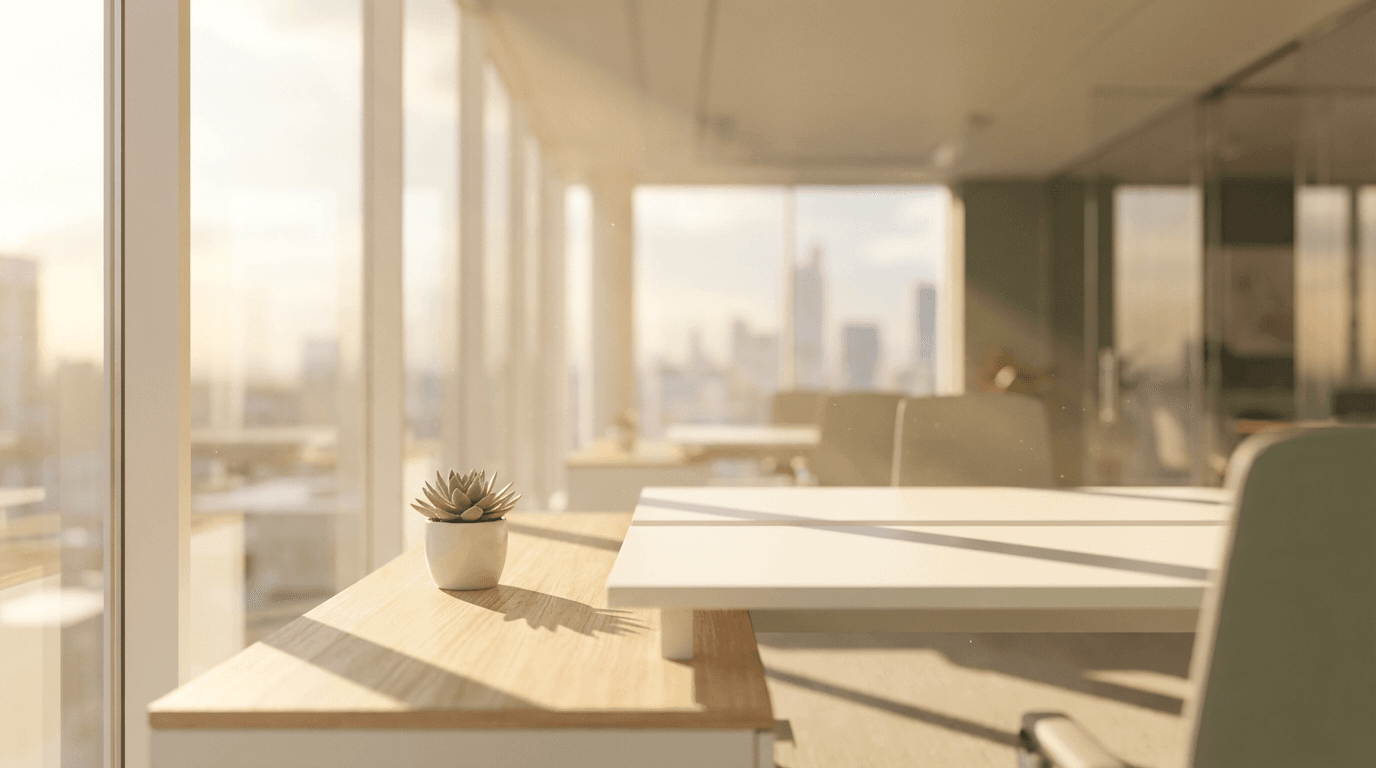 A quiet meeting table with an open notebook, pen, and coffee in a naturally lit office space
