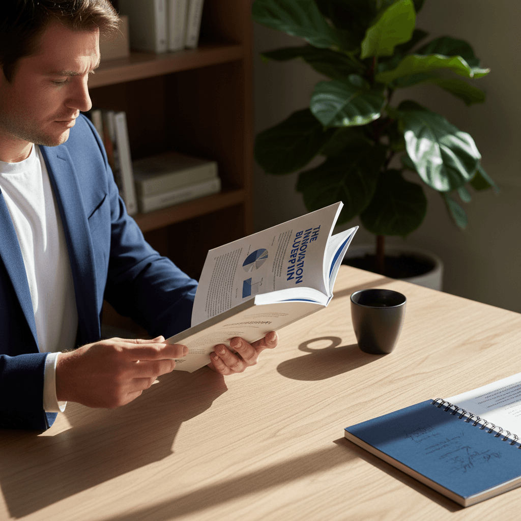 Open business strategy book and fountain pen on a wooden desk