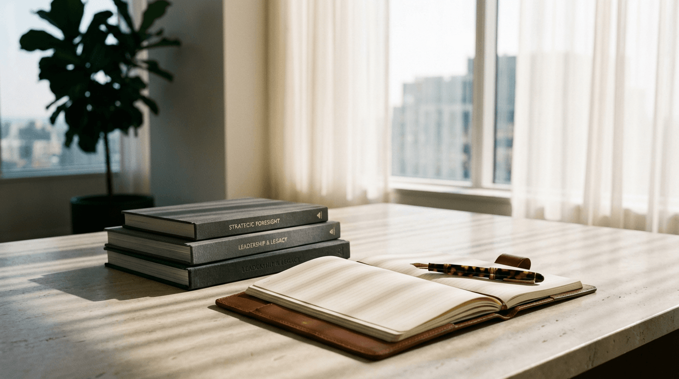 Leather notebook and pen on a desk