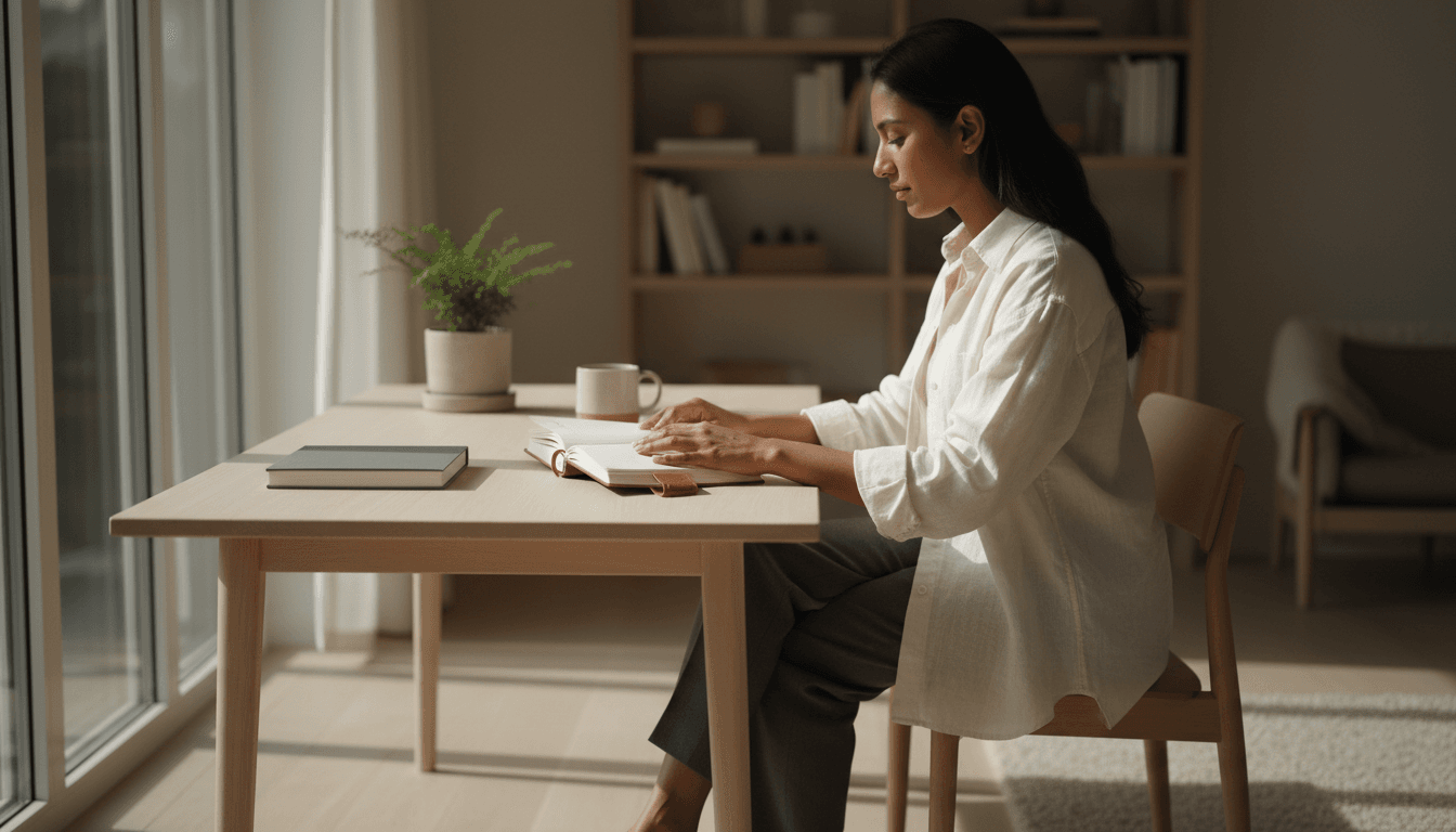 A person's hands reviewing financial documents on a desk with a coffee cup nearby