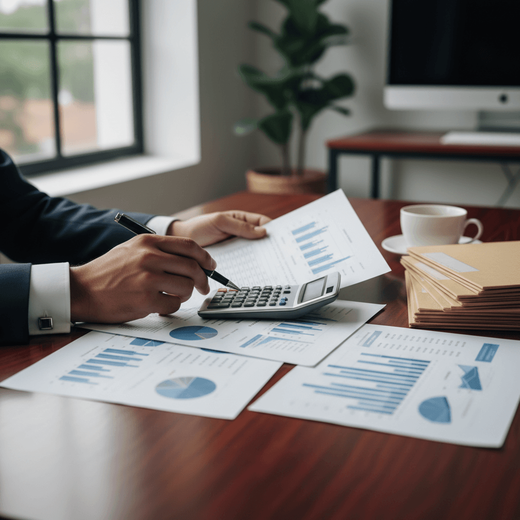 Hands reviewing financial documents and calculator on a desk