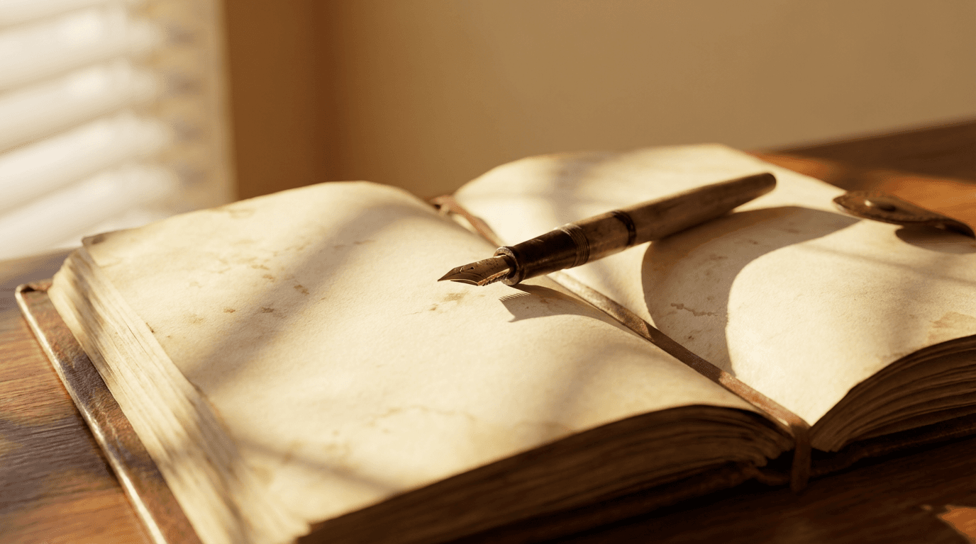 A leather notebook and pen on a polished wooden desk, with sunlight casting a soft shadow across the open page.