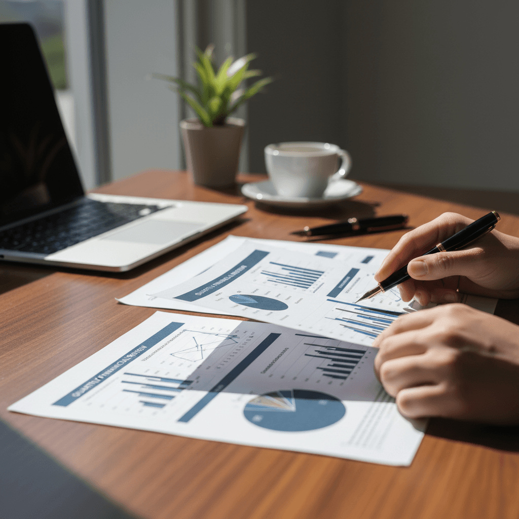 Consultant's desk with financial documents and coffee in a quiet office