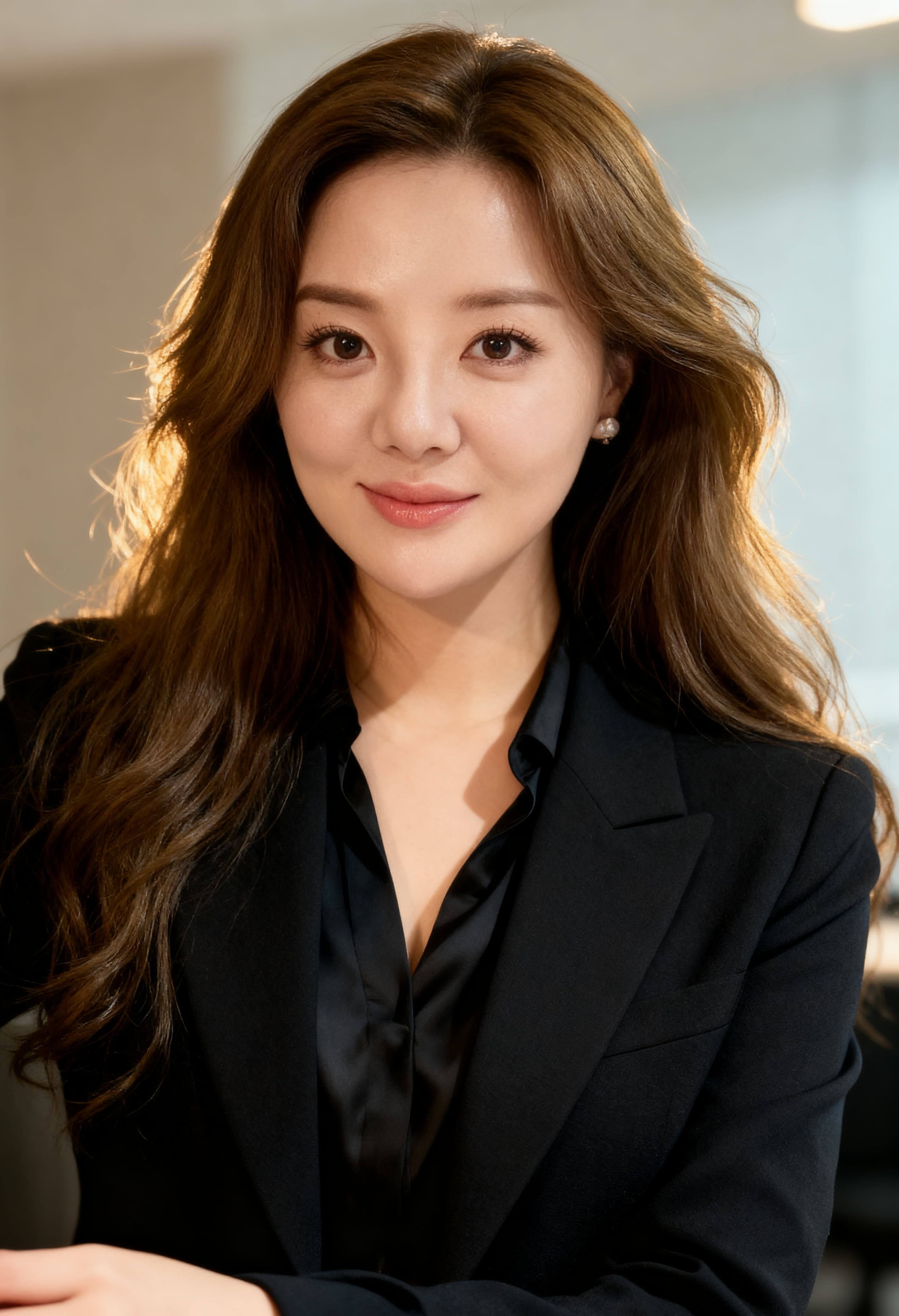 Smiling woman with long wavy brown hair wearing a black blazer in professional lighting.